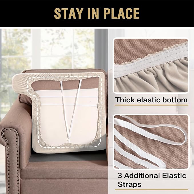 H.VERSAILTEX Stretch Velvet 2 Piece T-Cushion Cover Separate T-Cushion Cover Seat Cover for Sofa Couch Cushion Slipcovers Furniture Protector with Elastic Bottom(Sofa, Ivory)