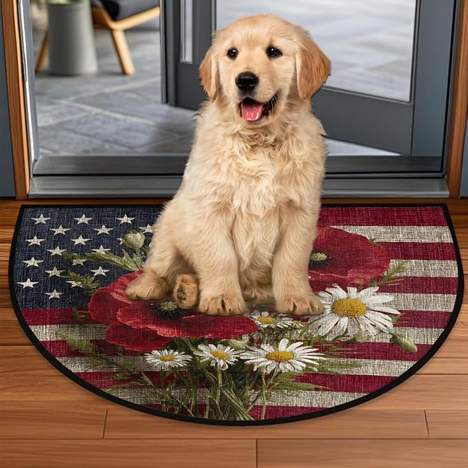 Poppy Flag Half Round Door Mat Non-Slip Semi Circle Rug Half Moon Doormat | Poppy American Flag Soft Washable Welcome Entrance Mat for Outdoor Indoor Floor Bedroom Bathroom Home Kitchen Festival Decor