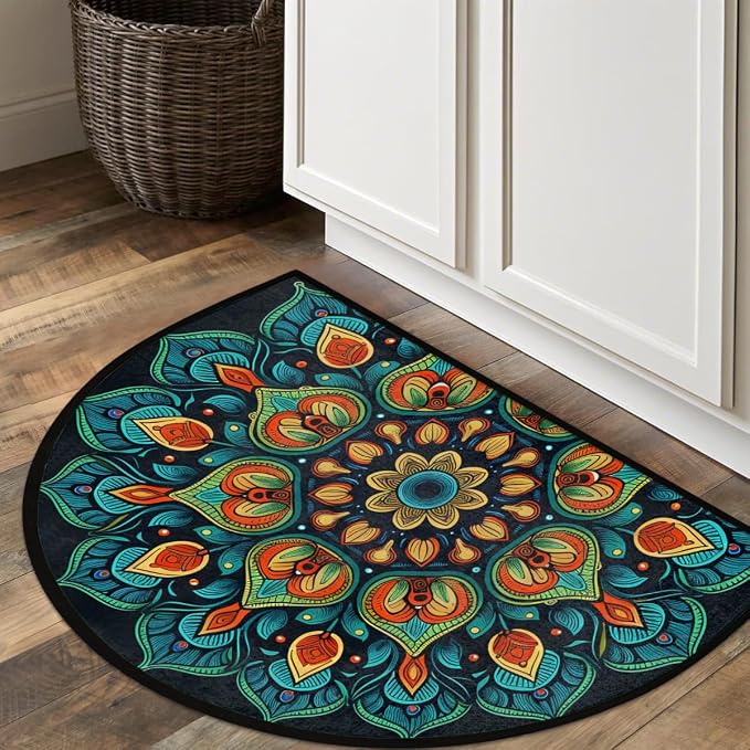 Flowers Mandala Half Round Door Mat Non Slip Half Circle Rugs | Green Ethnic Washable Half Moon Rug Semi Circle Rugs Indoor Entrance Floor Carpet for Kithen Bedroom Fireplace Decor
