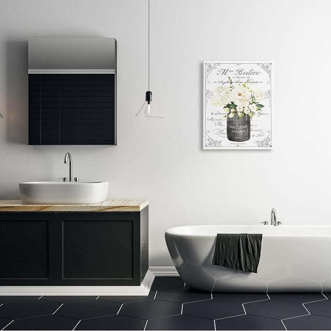 Vintage Parisian Floral Bathroom Bouquet, 24 x 30 Inch Canvas Wall Art | Stupell Industries · By Lettered and Lined · Ready to hang · Charming bath and laundry decor · Made in USA