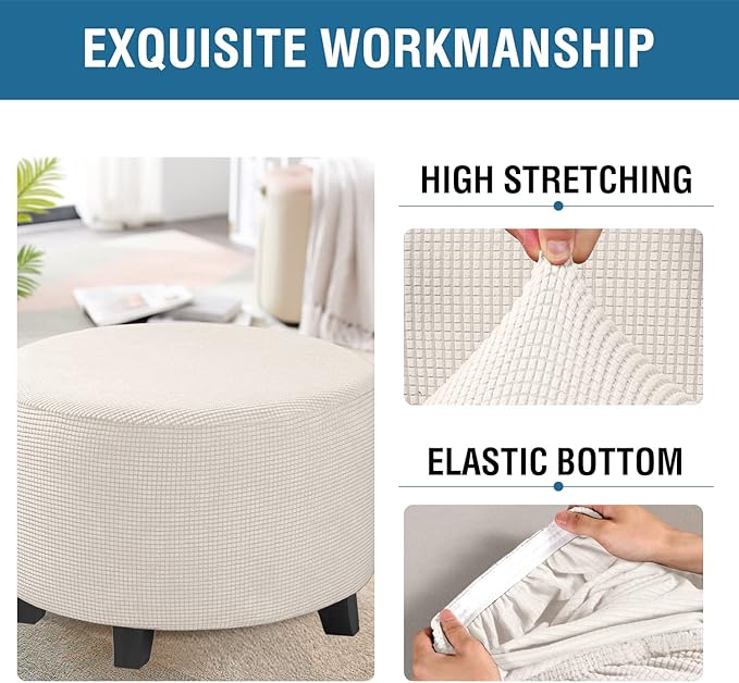 H.VERSAILTEX Ottoman Cover Stretch Ottoman Slipcover Round Ottoman Storage Cover Folding Stool Covers Furniture Protector Cover for Footrest Ottoman Fit Dia 20" - 23", Ivory