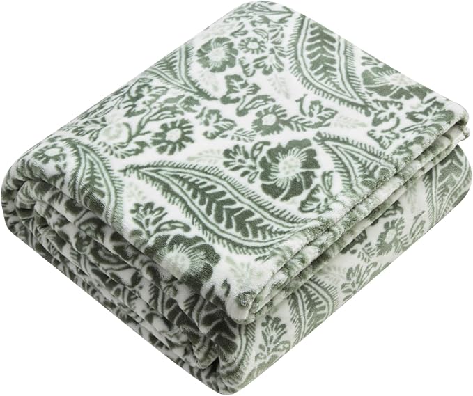 Lucky Brand 50" x 70" Plush Throw Blanket, Paisley Floral Sage Green Blanket for Sofa or Bed