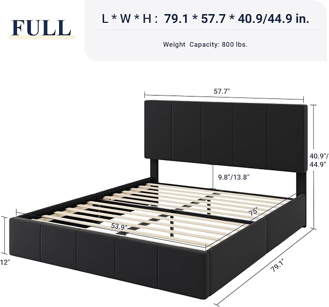 Allewie Full Size Dutch Velvet Upholstered Platform Bed Frame/Vertical Channel Tufted Adjustable Headboard/Low Profile Bed Frame/No Box Spring Needed/Easy Assembly/Black