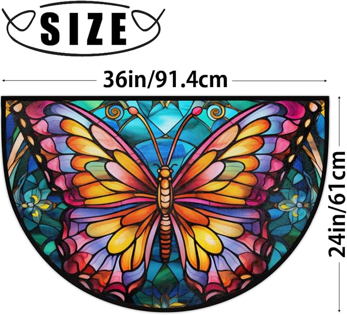 Half Round Door Mat Glass Butterfly Morocco Intdoor Entrance 36x24 In, Non-Slip Welcome Mat for Outdoor Semi Circle Bathroom Floor Rugs,House Entry Way Heavy Duty Doormat for Kitchen Living Room