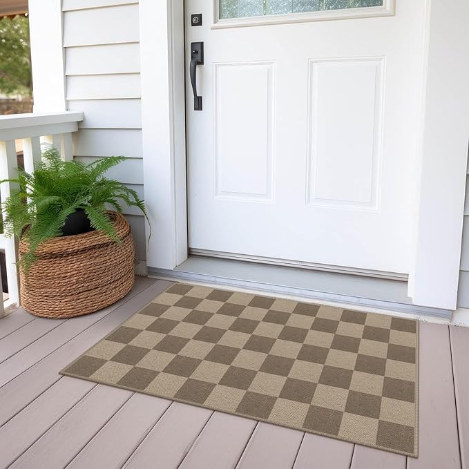 Rugalia Easy Jute Checkered Entryway Rug, 2x3 Brown Modern Indoor Outdoor Doormat, Washable Non-Slip Small Kitchen Rug Farmhouse Checkerboard Throw Rugs for Entrance Bedroom Bathroom