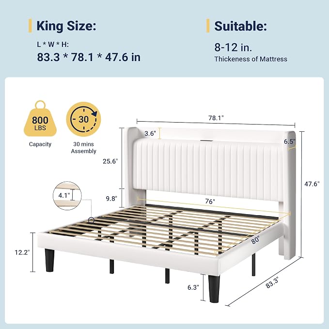 Allewie King Size Platform Bed Frame with USB Charging Station and Storage Shelf/Upholstered Velvet Wingback Headboard/Wooden Slats Support/No Box Spring Needed/Easy Assembly, White