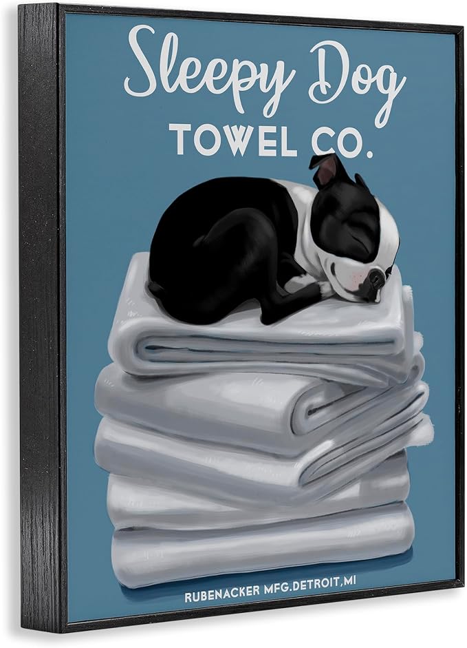 Stupell Industries Sleepy Dog Towel Co. Adorable Boston Terrier Bathroom, Design by Brian Rubenacker Black Framed Wall Art, 11 x 14, Blue
