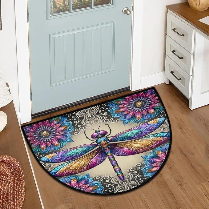 Dragonfly Half Round Door Mat Non Slip Half Circle Rugs | Colorful Animal Washable Half Moon Rug Semi Circle Rugs Indoor Entrance Floor Carpet for Kithen Bedroom Fireplace Decor