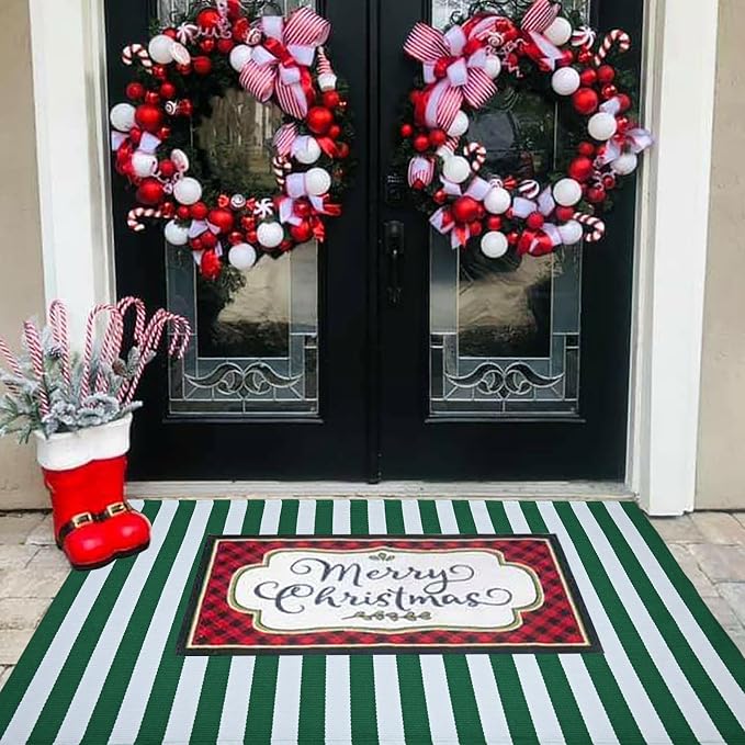 Green & White Striped Rug, 3' x 5' Indoor/Outdoor Area Rug for Front Porch, Entryway, Machine Washable Cotton Woven Welcome Door Mat