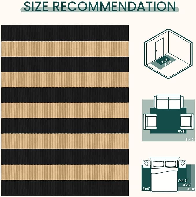 KOZYFLY Striped Rug 3x5 ft Front Door Rugs Cotton Woven Washable Indoor Outdoor Rug Brown Black Entrance Doormat for Front Porch Kitchen Patio Decor Outdoor Mat