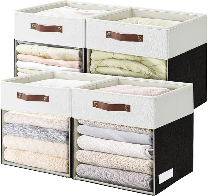 Bagnizer Storage Cubes, 4 Pack Linen Foldable Storage Bins (13 x 13 inch) with Clear Window and Handles, Fabric Organizer for Shelf Closet, Clothes, Books - (Black and White)