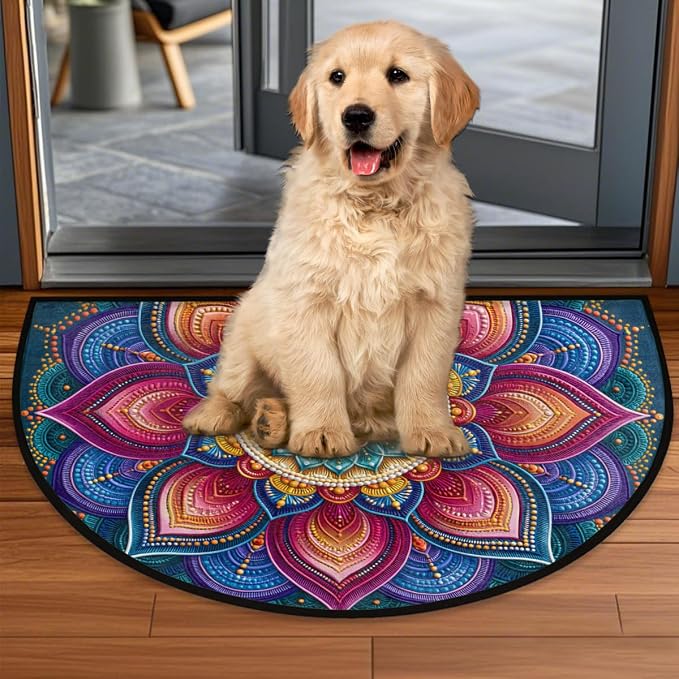 Bohemia Half Round Door Mat Semi Moon Rug Fireplace Carpet Area Rugs | Floral Neon Non Slip Absorbent Half Circle Mat Carpet for Indoor Outdoor Patio Kitchen Bathroom Entryway Home Decor