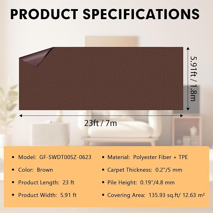 Grefinity Marine Carpet,5 FT x 10 FT Brown Indoor Outdoor Carpet 0.2" Thick Boat Rug with Water-Proof TPE Backing for Home, Patio, Porch, Deck