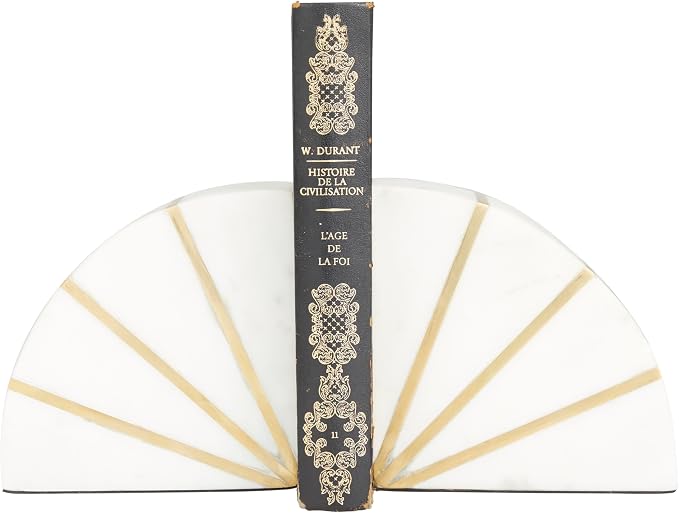 CosmoLiving by Cosmopolitan Marble Geometric Decorative Bookends 9 lbs Non Skid Bookends with Gold Inlay, Set of 2 Office Bookends5"W, 5"H, White