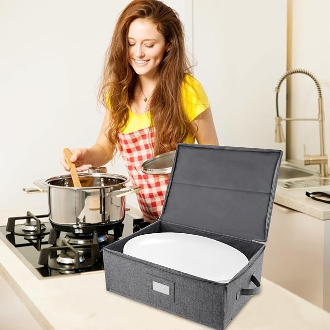 popoly Platter Storage, China Storage Containers Hard Shell 17" x 13" x 6" | China Platter Storage Containers with 5 Felt Dividers Included, Structured Top and Stackable (Linen Grey)