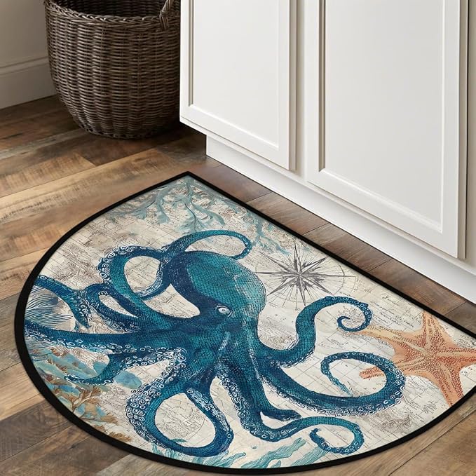 Map Half Round Rug Half Moon Door Mat Half Circle Rugs | Octopus Retro Washable Non-Slip Semi Circle Rug Welcome Half Round Door Mat Indoor Entrance Bedroom Living Room Decor B604