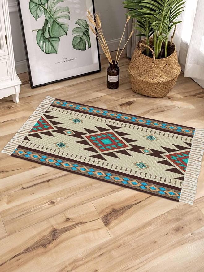 Boho Southwestern Large Runner Rug 4X6 Ft Living Room Area Rug, Washable Woven Aztec Abstract Geometric Throw Carpet with Tassel, Non-Shedding Vintage Native American Patterned Bedroom Office Carpets