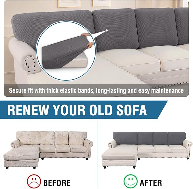 H.VERSAILTEX Backrest Cushion Covers Sectional Couch Back Cushion Covers for Sectional Sofa Set for Both Left/Right Couch (Back Only: 1 Chaise + 3 Sofa, Charcoal Grey)
