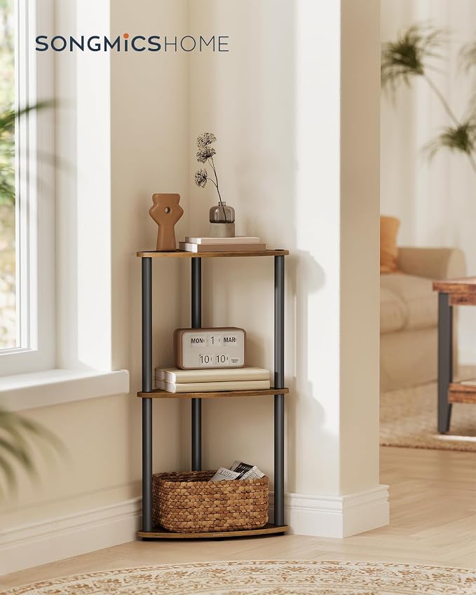 SONGMICS HOME Superfast Toolless Assembly, Corner Shelf Stand, 3-Tier Corner Standing Shelf, Living Room, Bedroom, Kitchen, 15 x 10.6 x 27.8 Inches, Rustic Brown ULBC620K01