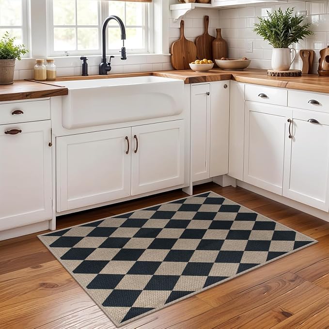 Rugalia Easy Jute Checkered Entryway Rug, 2x3 Black Modern Indoor Outdoor Doormat, Washable Non-Slip Neutral Small Kitchen Rug Farmhouse Diamond Throw Rugs for Entrance Bedroom Bathroom