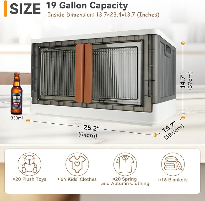 Storage Bin, Cabinet with Lids, Extra Large, Useful Box, 19 Gallon (72L) Capacity, Foldable, Plastic, Underbed or Countertop Use, Home Organizer