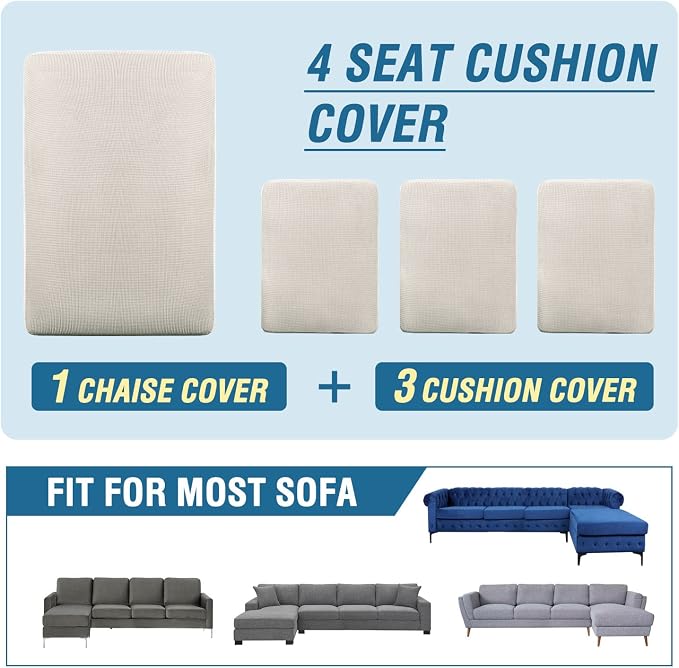 H.VERSAILTEX Sectional Couch Covers 4 Pieces Sofa Seat Cushion Covers L Shape Separate Cushion Couch Chaise Cover for Both Left/Right Sectional Couch (Seat Only: 1 Chaise + 3 Sofa, Ivory)