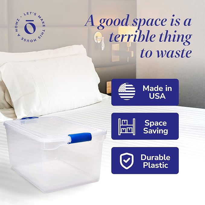 HOMZ 66 Quart Secure Seal Latch Clear Plastic Bin | Stackable & Nestable | Easy Grip Latching Handles | Home, Office, Dorm Room Organization | Blue Handles, 2 Pack | Large Stackable Container Boxes for Homes, Bathrooms, Garages, and Office Organization