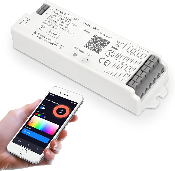 LM053 Bluetooth Mesh 4.2 LED Controller for RGB CCT 5in1 12-24V Lights | RGBW W LED Strip Controller PWM Dimmer Compatible with Smart Life / Tuya APP / Alexa Echo / Google Assistant Home / Siri