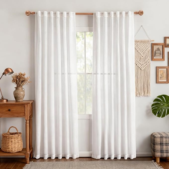 MYSKY HOME White Curtains 80 Inch Length 2 Panels Set for Living Room, Semi Sheer Cotton Blend Soft Touch Light Filtering Drapes for Doorways Sliding Glass Door, 50" Wide per Panel, White, 2 PCs
