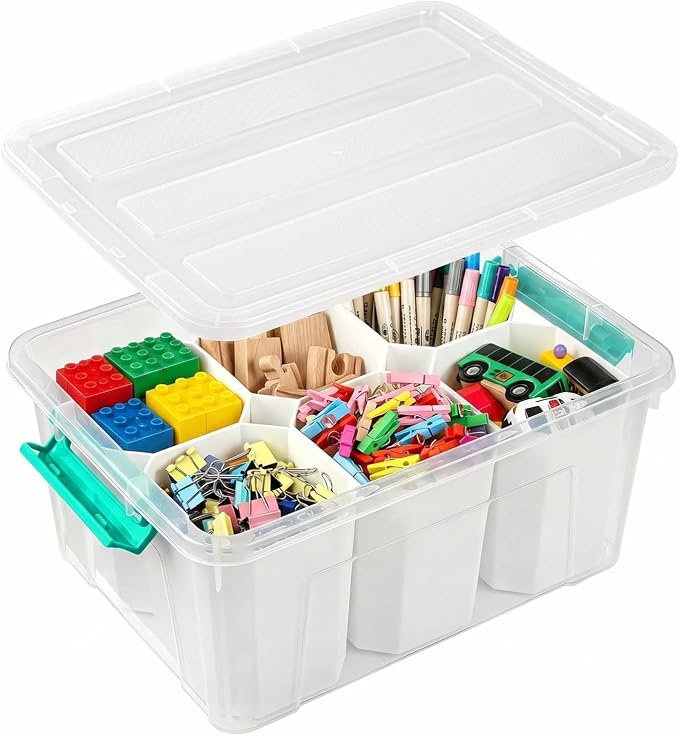 NUMIFUN 17QT Clear Storage Bins with Lids & Dividers for Crafts | Stackable 17-quart transparent box featuring 6 tall removable inserts. Perfect for organizing crafts, tools, toys & crayons