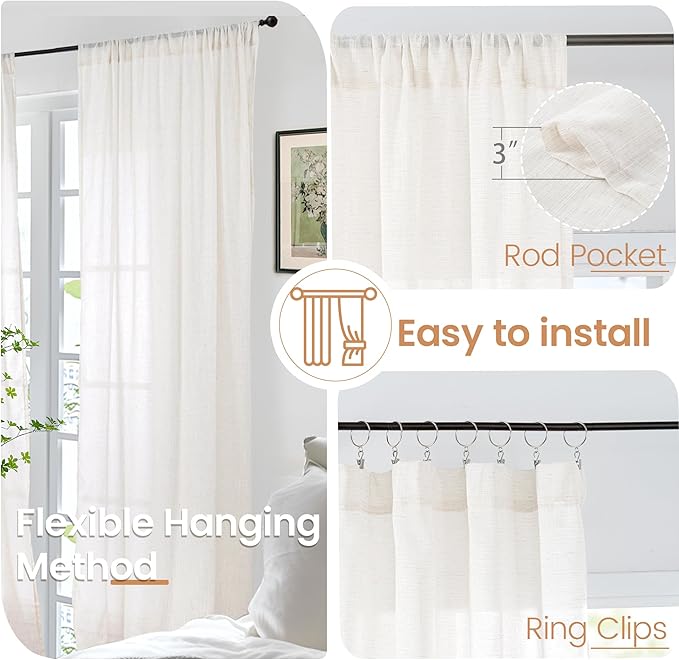 BGment Ivory Linen Cafe Curtains 36 Inch Length for Over Sink - Short Light Filtering Drapes with Rod Pocket Semi Sheer Lightweight for Bathroom Kitchen Window, 2 Panels Set, 42 X 36 Inch