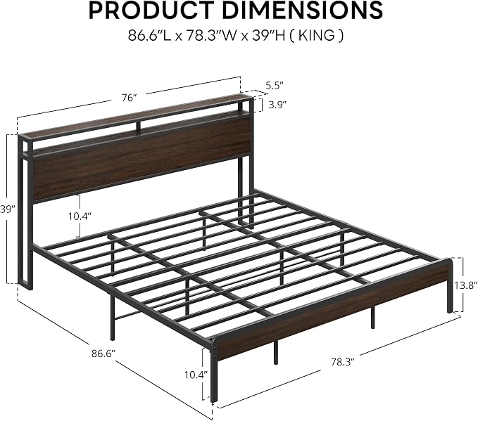 LIKIMIO King Size Bed Frame with 2-Tier Storage Shelf Headboard | Dark Wood Platform Bed, Camas King with Strong Metal Supports, Sturdy, Noise-Free, No Box Spring Needed, Dark Brown