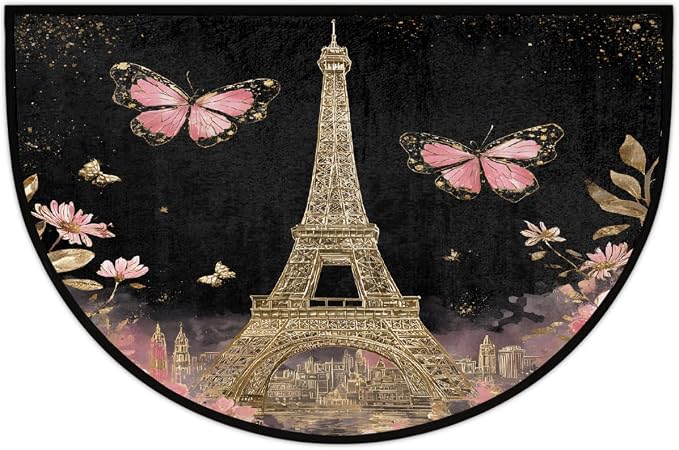 Flower Half Round Door Mat Semi Moon Rug Fireplace Carpet Area Rugs | Gold Pari Non Slip Absorbent Half Circle Mat Carpet for Indoor Outdoor Patio Kitchen Bathroom Entryway Home Decor