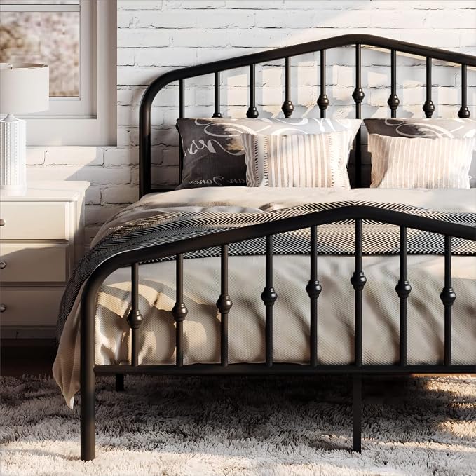 SHA CERLIN Queen Metal Bed Frame with Wrought Iron-Art Headboard, Black | Victorian Style Metal Platform Bed Frame, Wrought Iron-Art Headboard and Footboard, Under-Bed Storage, No Box Spring Needed