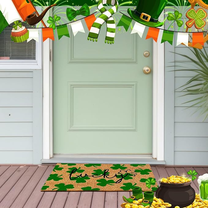 Ceenna St. Patrick's Day Coir Doormat Outdoor Shamrock Lucky Welcome Door Mat Green Clover Non-Slip Rug St. Patrick's Day Front Door Porch Entryway Decor for Indoor Outdoor Home Bathroom Decor