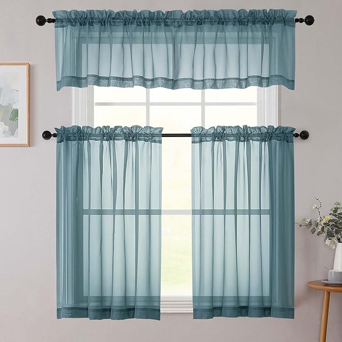 Dusty Blue Kitchen Curtains 30 Inch Length Tier 2 PCS, Solid Soft Half Curtains for Windows, Dusty Blue Sheer Rod Pocket Drapes for Bathroom Basement Small Window Curtain, 42" Wx30 L Inches