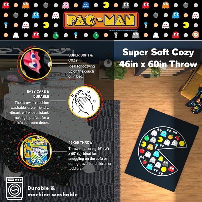 PAC-MAN Retro Cozy Throw 46 in x 60 in – Soft Cozy Plush for Couch, Bed & Travel, Collectible Gift (100% Officially Licensed Product) by Franco Collectibles®