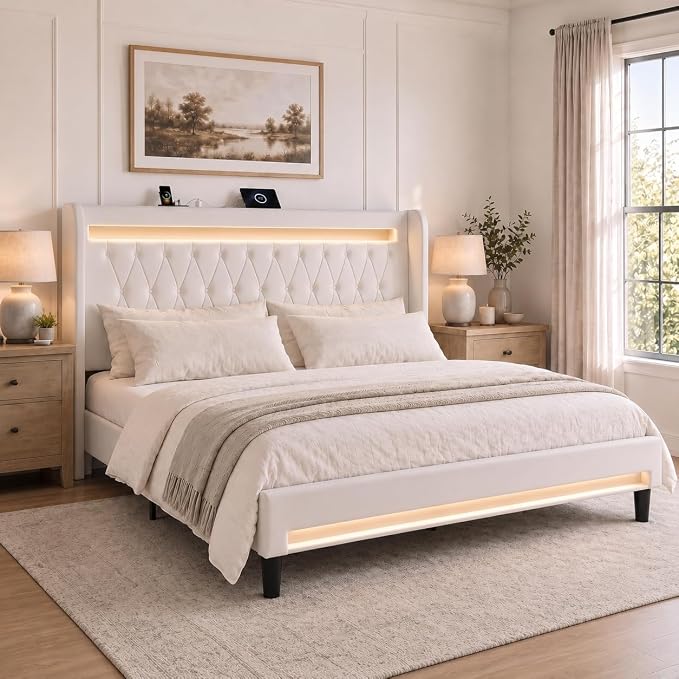 Allewie King Size Upholstered Bed Frame with LED & Charging Station, White | Customizable LED lights, charging station, tufted wingback headboard, noise-reducing support, and no box spring needed.