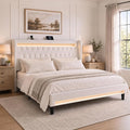 Allewie King Size Upholstered Bed Frame with LED & Charging Station, White | Customizable LED lights, charging station, tufted wingback headboard, noise-reducing support, and no box spring needed.