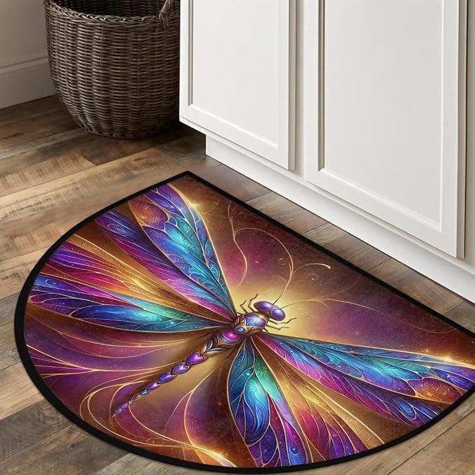 Pardick Half Round Doormat Dragonfly Abstract Colorful Semi Circle Rug Non Slip Indoor Outdoor Entrance Half Moon Rug Washable Front Floor Mat for Kitchen Bathroom Patio Fireplace Holiday Decor
