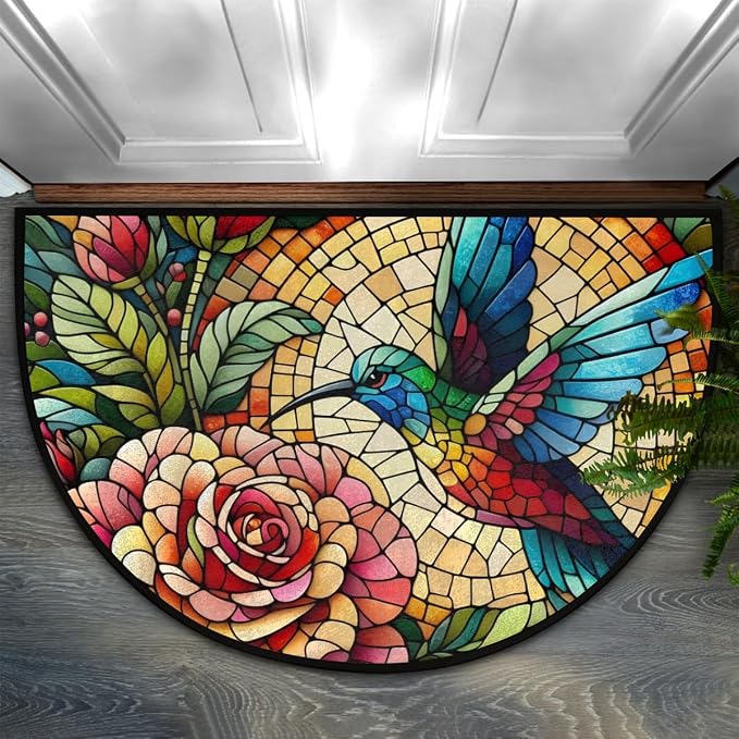 Colorful Hummingbird Flower Half Round Mat Half Moon Door Rug Washable Durable Semi Circle Carpet Floor mats for Indoor Outdoor Bathroom Kitchen Patio Hearth Rug Laundry Room Home Decoration