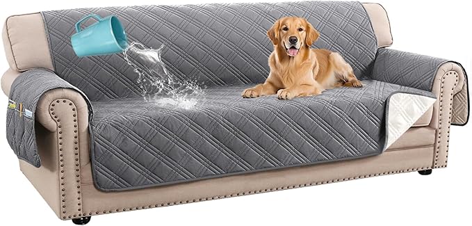 H.VERSAILTEX 100% Waterproof Sofa Covers for 3 Cushion Couch Modern Sofa Cover for Dogs XL Couch Covers for Oversized Sofa with Elastic Straps (Oversized Sofa, Grey/Beige)