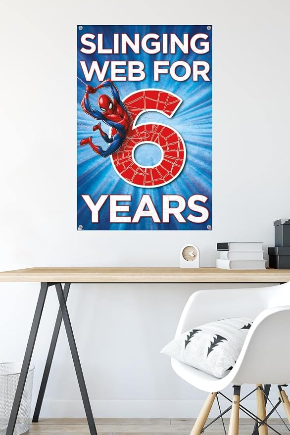 Trends International Marvel Spider-Man - Happy 6th Birthday Wall Poster, 22.37" x 34.00", Premium Poster & Push Pin Bundle