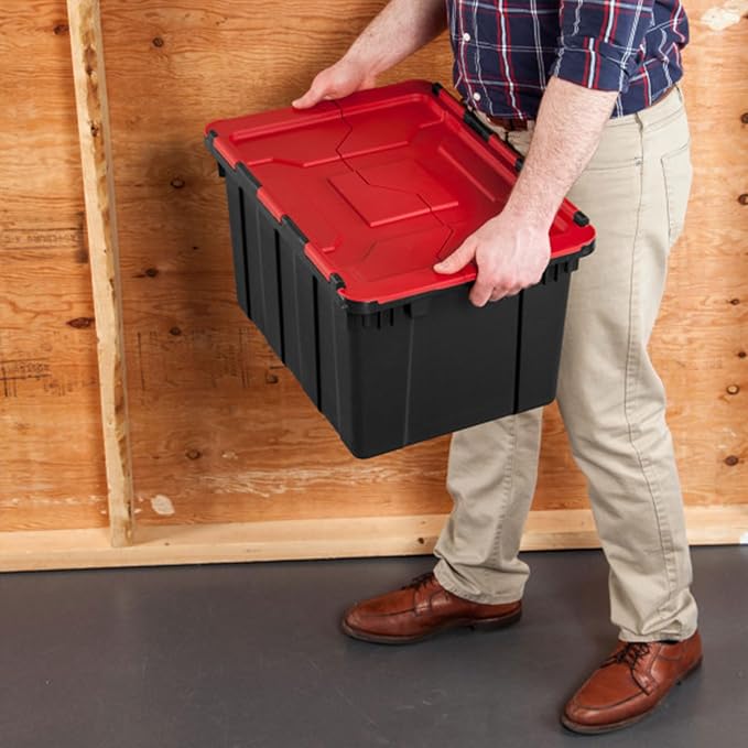 Sterilite 12 Gal Hinged Lid Industrial Tote, Stackable Storage Bin with Hinge Lid, Plastic Container to Organize Basement, Black with Red Lid, 6-Pack | Heavy-Duty and Stackable Utility Box Containers for Home, Office, and Basement Organization, Black/Red