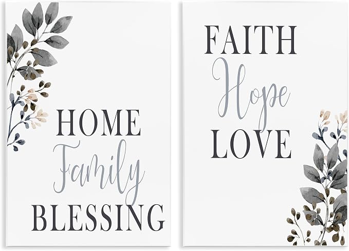 'Faith Hope Family Phrases Soft Black Florals'| 2pc Wall Plaque Art Set | Stupell Industries | 10 x 15 Inches, Easy to Hang and Sturdy, Made in USA, by Kim Allen