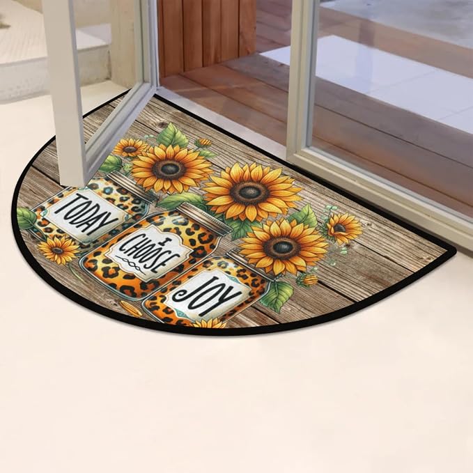 Sunflower Half Round Doormat Semi Circle Rug Half Moon Rug Entryway Mat | Wood Sunflower Washable Non Slip Outdoor Floor Rug Kitchen Mat for Indoor Outdoor Bathroom Fireplace Bath