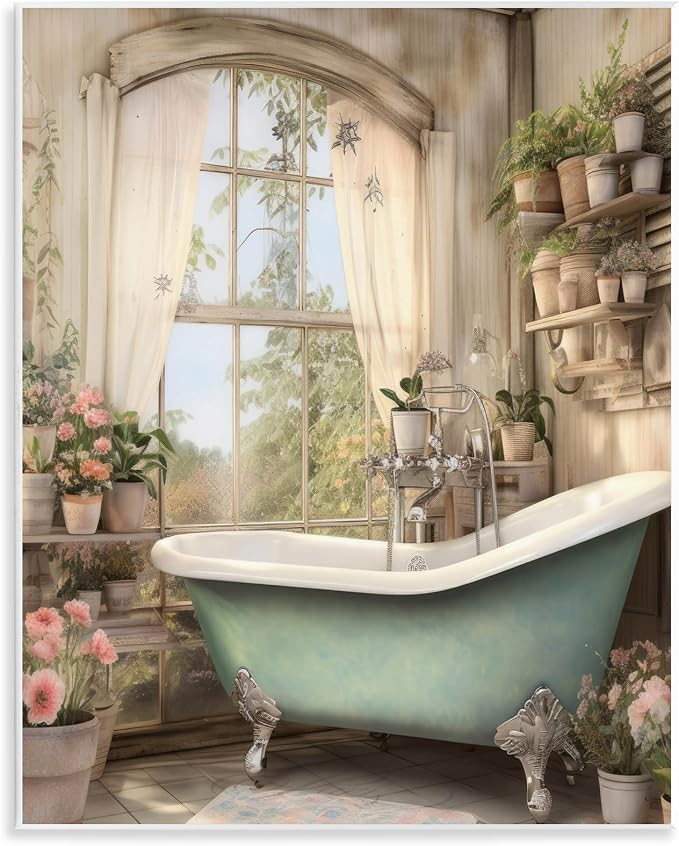 Bathroom Floral Filled Shelves, 11 x 14 Inch Mounted Print on Wall Plaque | Stupell Industries · By Lettered and Lined · Ready to hang once unboxed · Made in USA