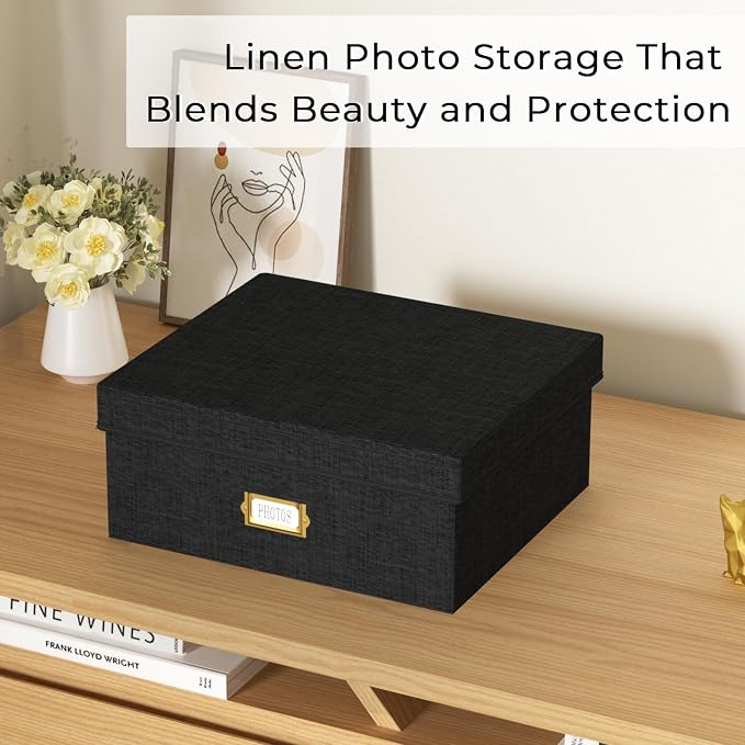 Decorative Photo Storage Box, Linen Photo Box Holds 1700 4x6 Pictures Black | Photo Storage Containers with 8 Dividers, Memory Keepsake Organizer for Photos, Scrapbook Supplies, Cards, Stamps,Archive Box
