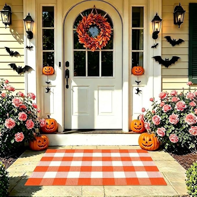 Buffalo Plaid Rug 2'4''x 3'7'' Orange and White Front Door Mat Reversible Halloween Doormat Layered Porch Rug Washable Hand Woven Cotton Area Rug for Indoor Outdoor Entryway Patio Porch Decor