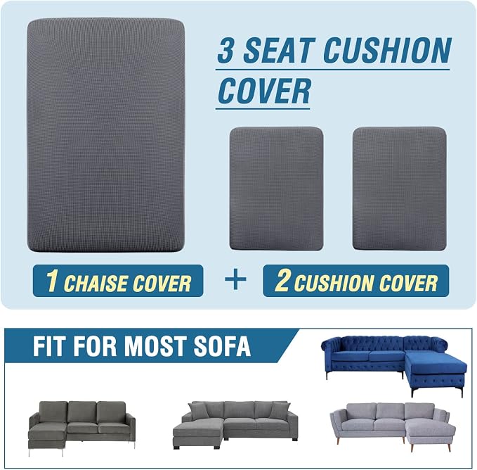 H.VERSAILTEX Sectional Couch Covers 3 Pieces Sofa Seat Cushion Covers L Shape Separate Cushion Couch Chaise Cover for Both Left/Right Sectional Couch (Seat Only: 1 Chaise + 2 Sofa, Grey)